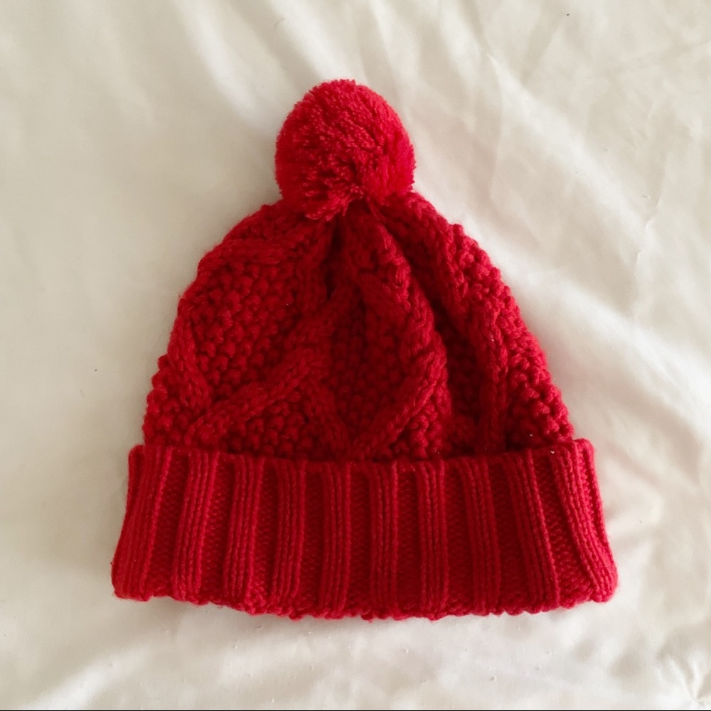 Gap Red Pom Pom Cable Knit Beanie